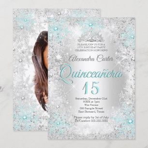 Quinceanera 15. Silver Aquamarines Snowflake Foto Einladung