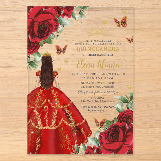Quinceañera 15 Sweet 16 Rote Rosen Blumen Floral Acryleinladungen