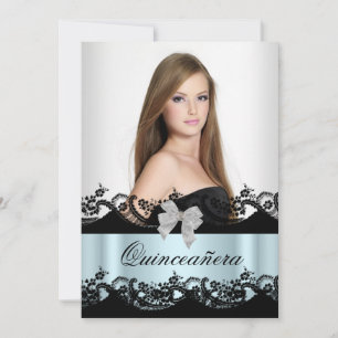 Quinceanera 15. Teal Schwarz Weiß Spitze Foto Einladung