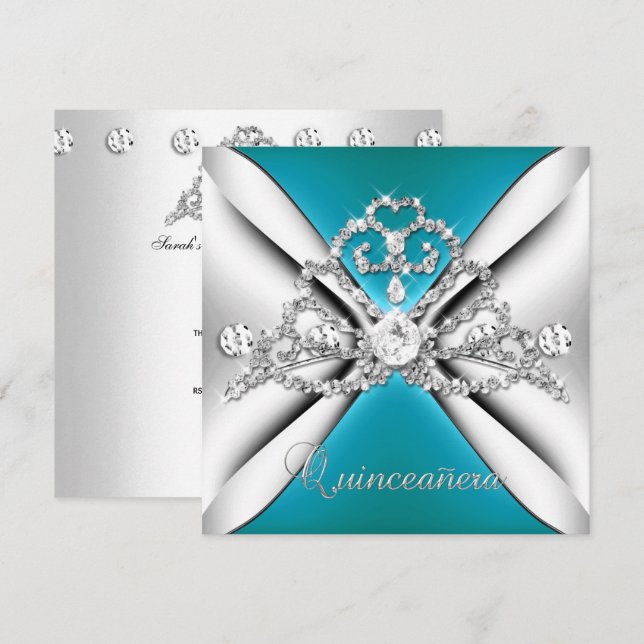 Quinceanera 15 Tiara Aquamarin Blue Silver White Einladung (Vorne/Hinten)