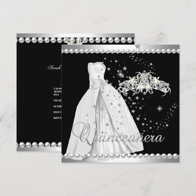 Quinceanera 15 Tiara Gown Black Silver White Einladung (Vorne/Hinten)