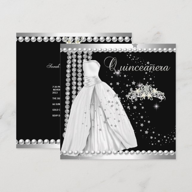 Quinceanera 15 Tiara Gown Black Silver White Einladung (Vorne/Hinten)