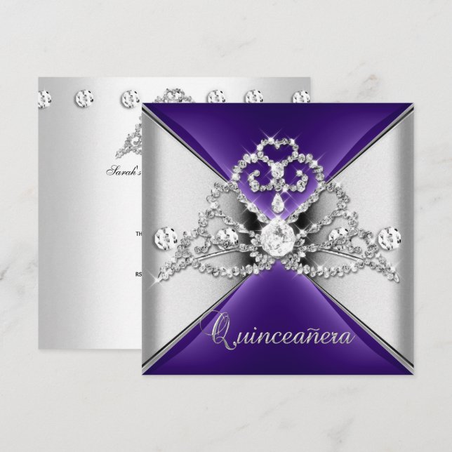 Quinceanera 15 Tiara Lila Silberdiamant Einladung (Vorne/Hinten)