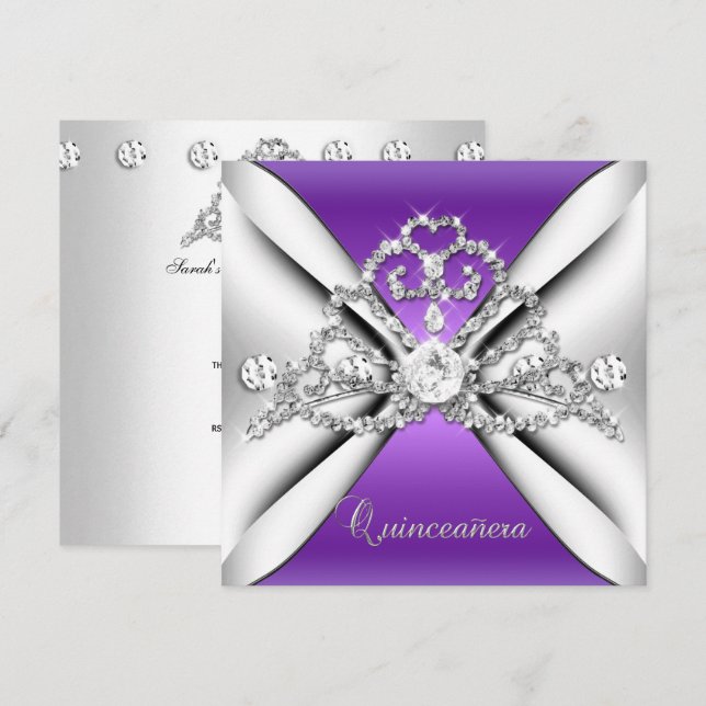 Quinceanera 15 Tiara Lila Silver White Einladung (Vorne/Hinten)