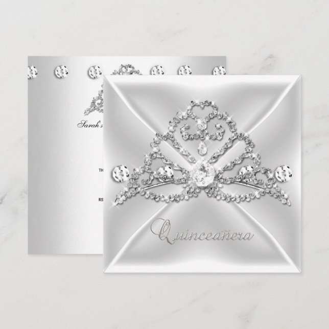 Quinceanera 15 Tiara Silver White Diamond 2 Einladung (Vorne/Hinten)