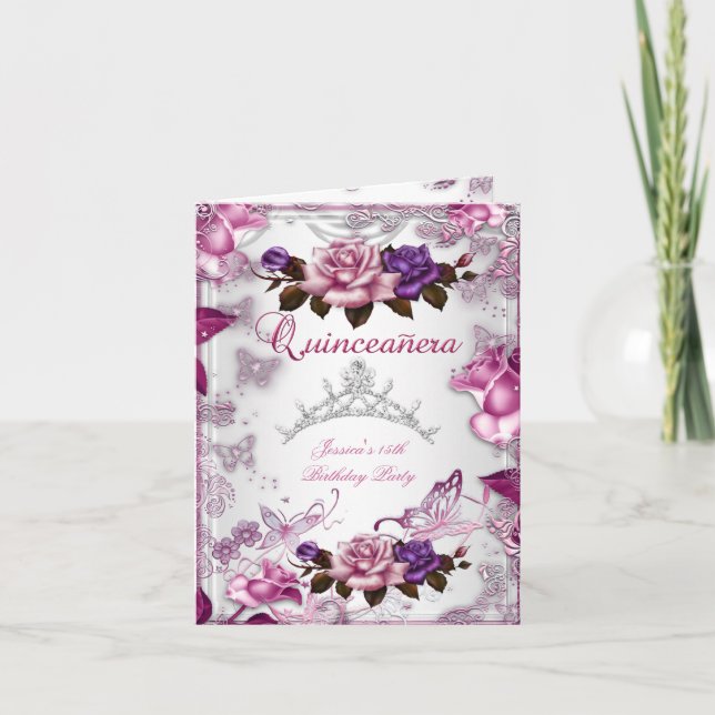 Quinceanera 15. Tiara Weißrosa Lila Rose Einladung (Vorderseite)