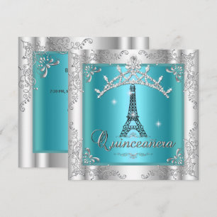 Quinceanera 15 Türkis Blau Silber Tiara Eiffelturm Einladung