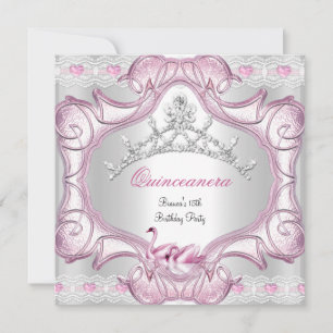 Quinceanera 15. Weiße Rosa Schwäne Tiara Einladung