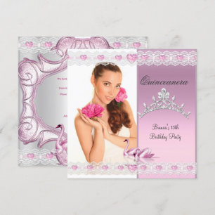 Quinceanera 15. Weiße rosa Schwäne Tiara Foto Einladung