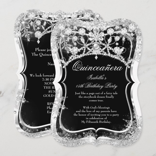 Quinceanera 15. Winter Wonderland Schwarzes Silber Einladung (Vorne/Hinten)
