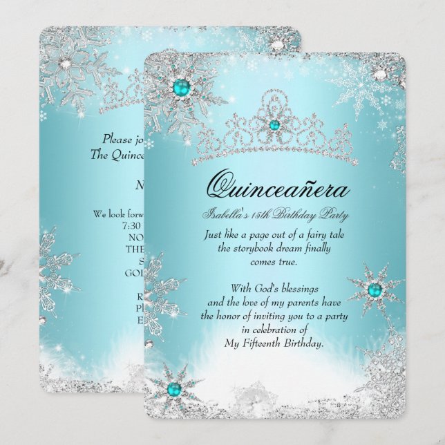 Quinceanera 15. Winter Wonderland Silver Blue 2 Einladung (Vorne/Hinten)