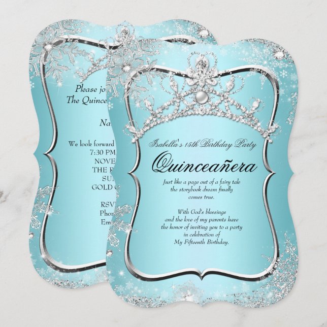 Quinceanera 15. Winter Wonderland Silver Blue Einladung (Vorne/Hinten)