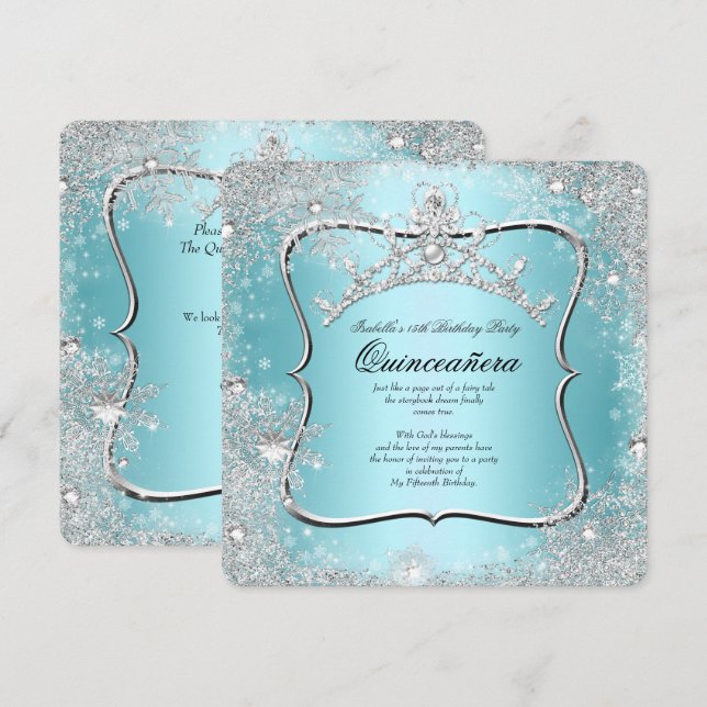 Quinceanera 15. Winter Wonderland Silver Blue Einladung (Vorne/Hinten)
