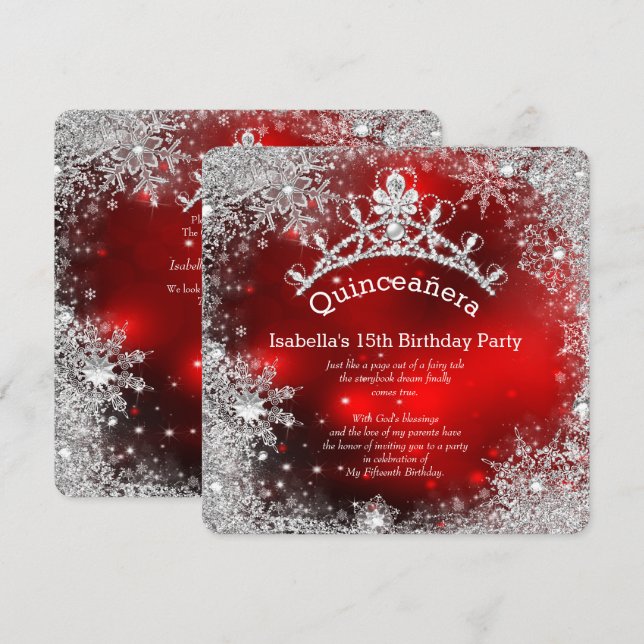 Quinceanera 15. Winter Wonderland Silver Red Einladung (Vorne/Hinten)