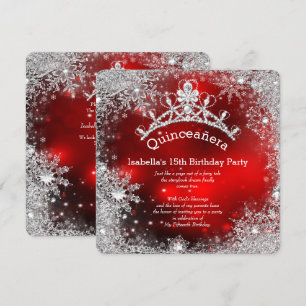 Quinceanera 15. Winter Wonderland Silver Red Einladung