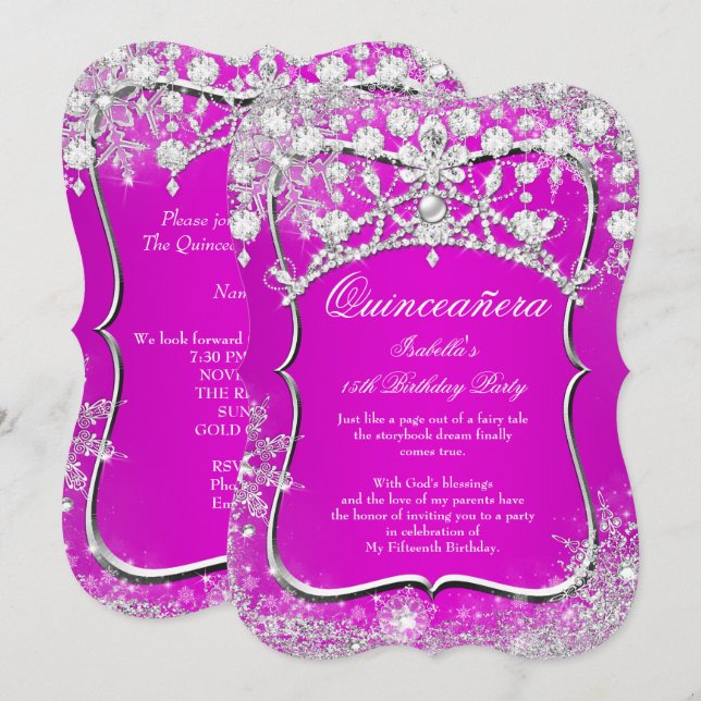 Quinceanera 15. Winter Wunderland Magenta Rosa Einladung (Vorne/Hinten)
