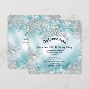 Quinceanera 15. Winter Wunderland Silber Aquamarin Einladung