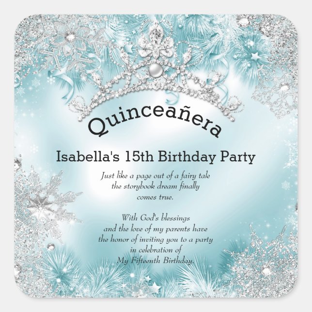 Quinceanera 15. Winter Wunderland Silber Aquamarin Quadratischer Aufkleber (Vorderseite)