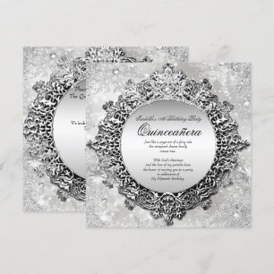 Quinceanera 15. Winter Wunderland Silber Weiß Einladung