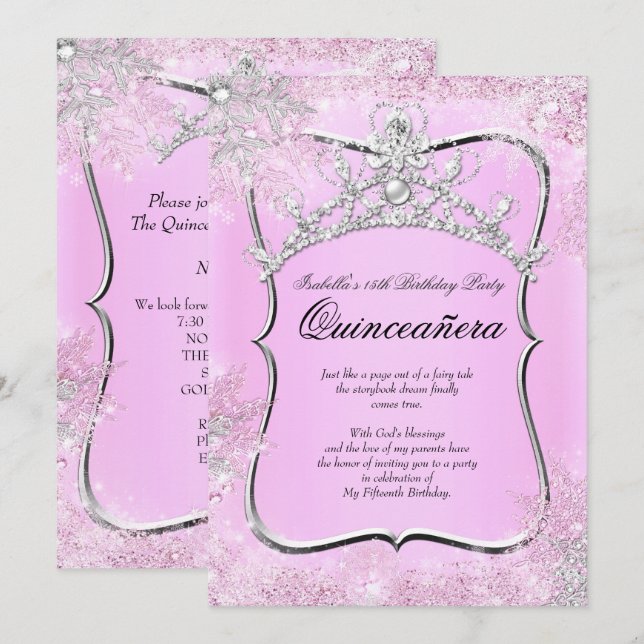 Quinceanera 15. Winter Wunderland Silver Pink Einladung (Vorne/Hinten)