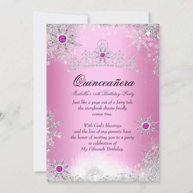 Quinceanera 15. Winter Wunderland Silver Pink Einladung (Vorderseite)
