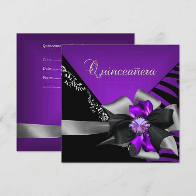 Quinceanera 15 Zebra Lila Schwarzes Silber Einladung (Vorne/Hinten)