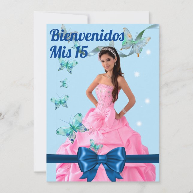  QUINCEAÑERA 15th BIRTHDAY CARD, BLUE BUTTERFLY Einladung (Vorderseite)