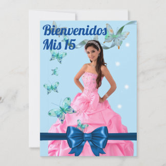  QUINCEAÑERA 15th BIRTHDAY CARD, BLUE BUTTERFLY Einladung