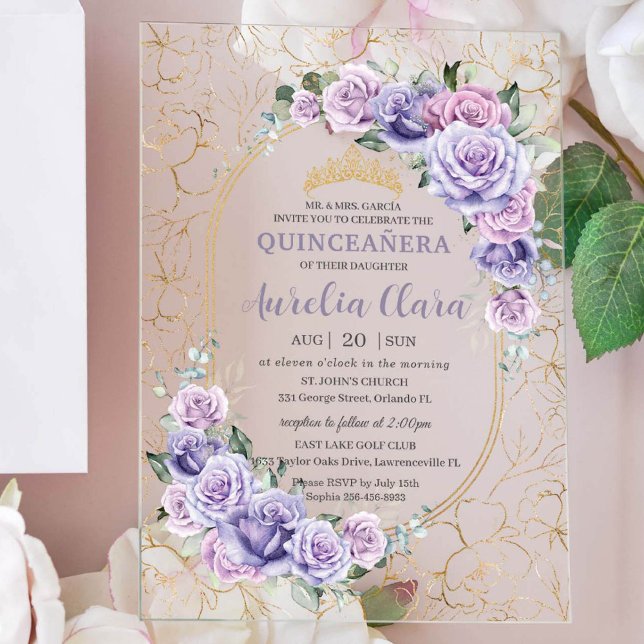 Quinceanera 16 15 Lila Lilac Floral Modernes Gold Acryleinladungen (Von Creator hochgeladen)