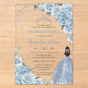 Quinceañera 16 Baby Blue Floral Prinzessin Silver Acryleinladungen