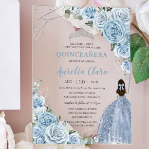 Quinceanera 16 Babyblau Floral Prinzessin Silber Acryleinladungen