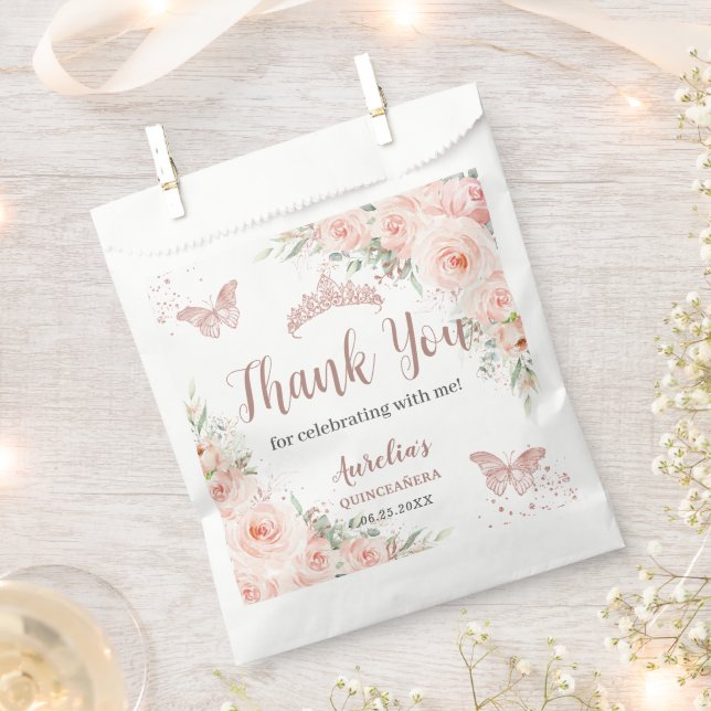 Quinceanera 16 Blush Rose Gold Schmetterlinge Geschenktütchen (Ausgeschnitten)