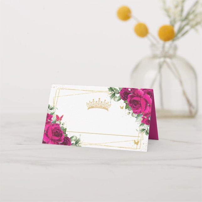 Quinceanera 16 Fuchsia Pink Floral Butterflies Platzkarte (Vorderseite)