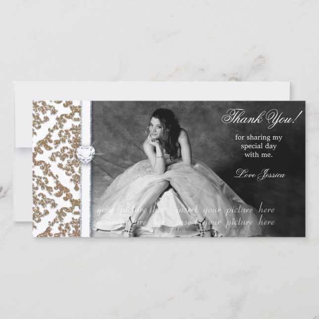 Quinceanera 16 . Geburtstag Glitzer Damask Dankeskarte (Vorderseite)