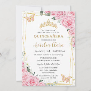 Quinceanera 16 rosa Rosen Florale Goldene Schmette Einladung