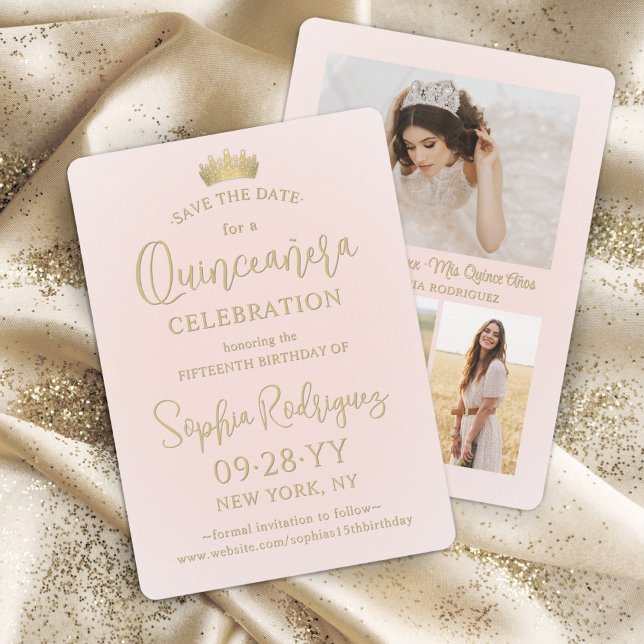 Quinceañera 3 Photo Collage Chic Blush Pink & Gold Save The Date (Von Creator hochgeladen)