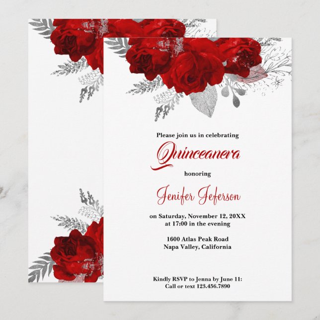 Quinceanera à fleurs rouges Invitation (Devant / Derrière)