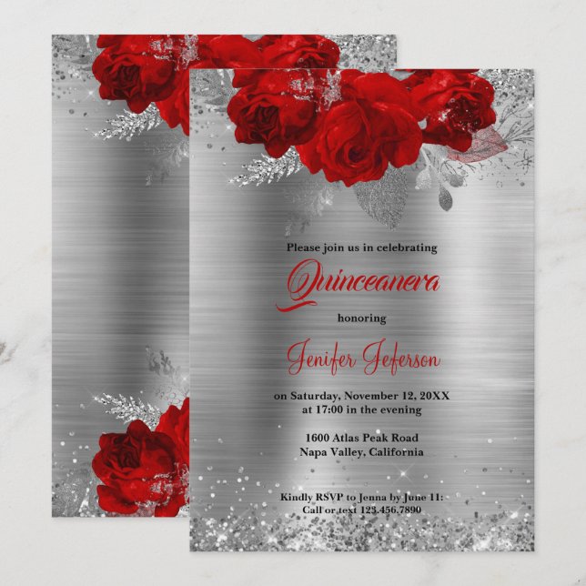 Quinceanera à fleurs rouges Invitation (Devant / Derrière)