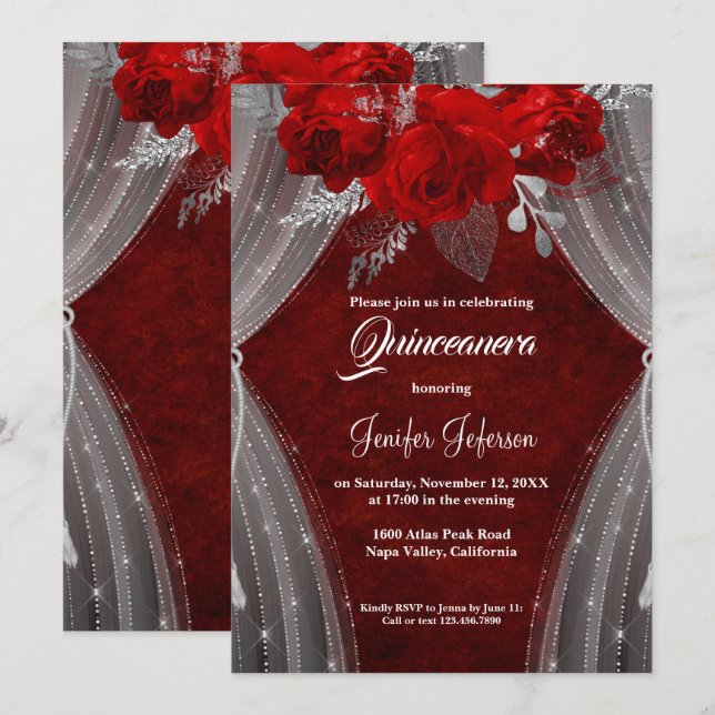 Quinceanera à fleurs rouges Invitation (Devant / Derrière)