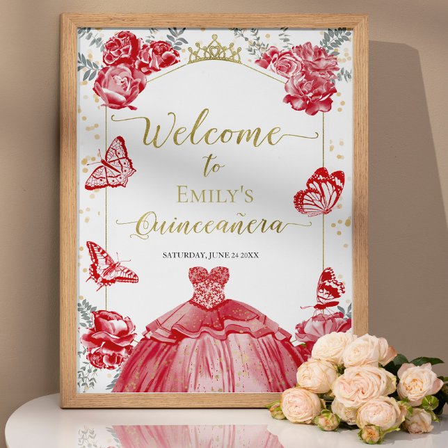 Quinceanera Affiche de bienvenue Robe Rouge Or Flo (Créateur téléchargé)