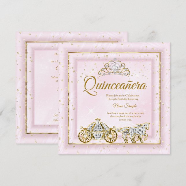 Quinceanera Ainderella Blush Pink Carriage 2 Einladung (Vorne/Hinten)