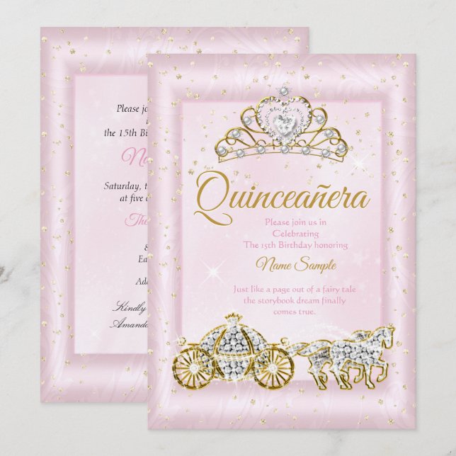 Quinceanera Ainderella Blush Pink Carriage Einladung (Vorne/Hinten)