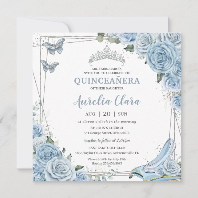 Quinceañera Ainderella Princess Baby Blue Floral Einladung (Vorderseite)