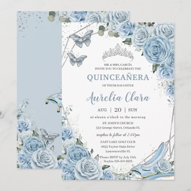 Quinceañera Ainderella Princess Baby Blue Floral Einladung (Vorne/Hinten)