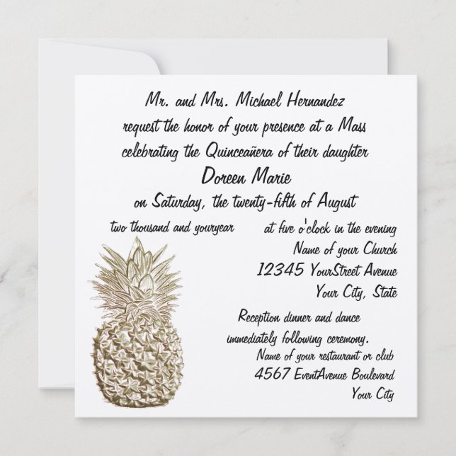 Quinceanera Ananas-Gold metallisch Einladung (Vorderseite)