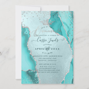 Quinceanera, Aqua Blue Agate Imitate Silver Confet Einladung