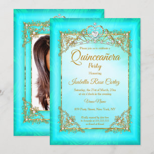 Quinceanera Aquamarin-blaue Perle Foto Gold Tiara  Einladung