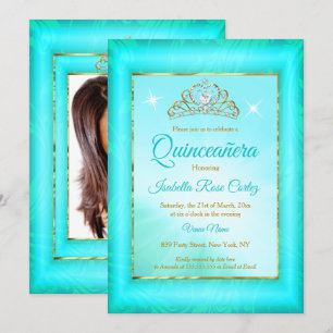 Quinceanera Aquamarin Blue Damask Gold Tiara Foto Einladung