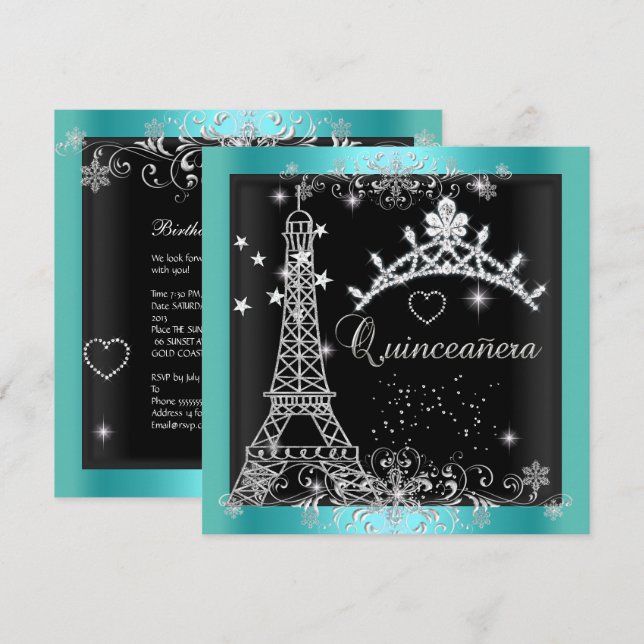 Quinceanera Aquamarin Blue Glitzer Tiara Eiffel To Einladung (Vorne/Hinten)