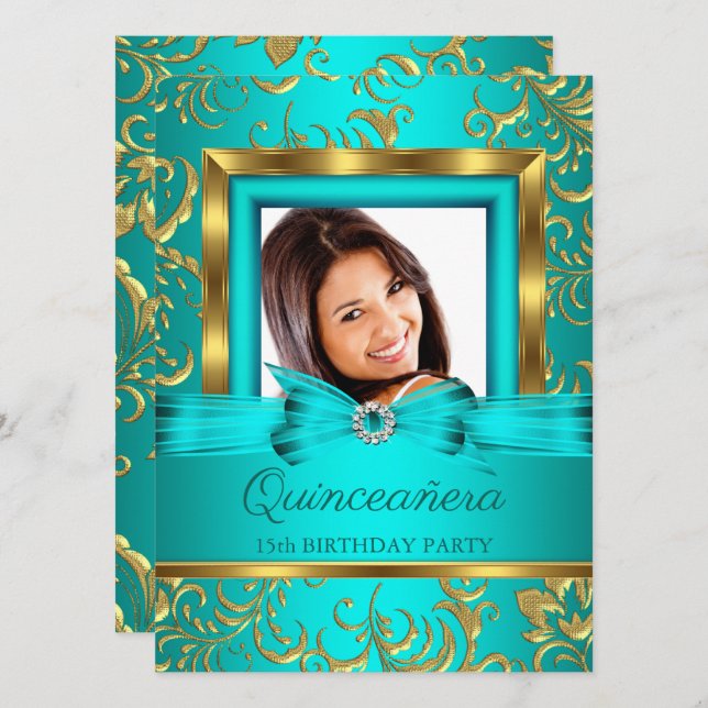 Quinceanera Aquamarin Blue Gold Floral Foto Einladung (Vorne/Hinten)